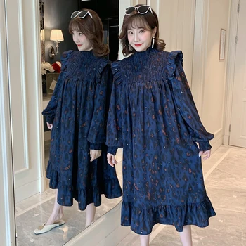 

5# Vintage Sweet Ruffle Pleeated Loose Pleated Maternity Dress Spring Long Sleeve Straight Clothes for Pregnant Women Pregnancy