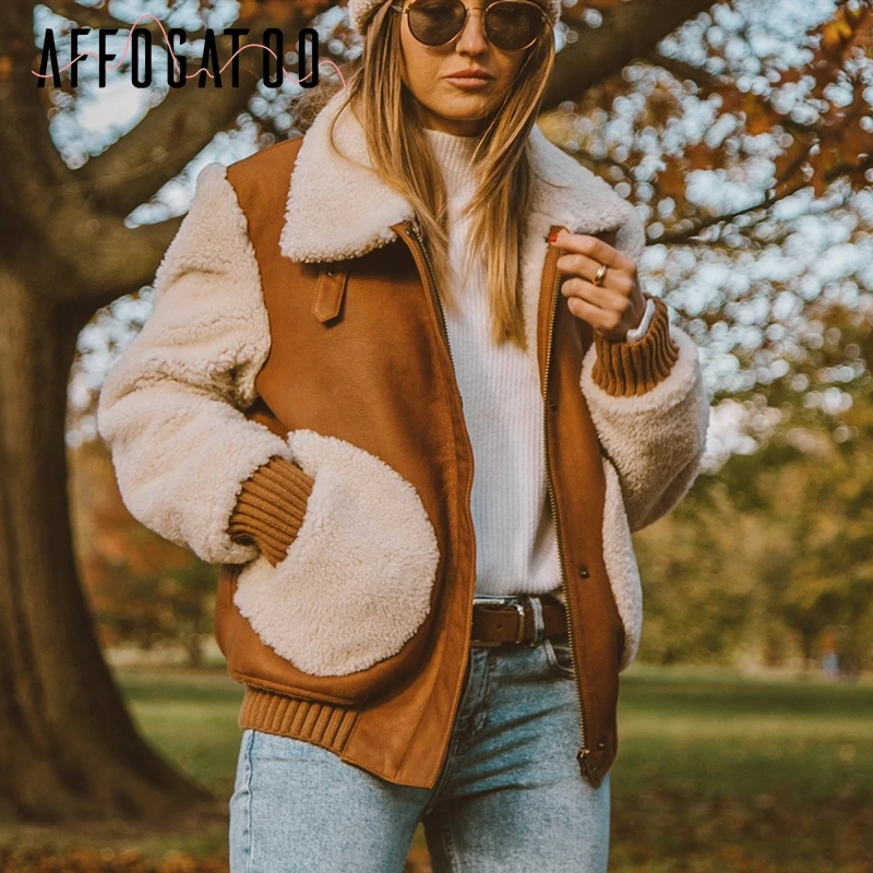 Afogaboo повседневное теплое толстое искусственное меховое Женское пальто осень-зима Одежда с заплатками пальто с длинными рукавами на молнии laides куртка в уличном стиле - Цвет: CAMEL