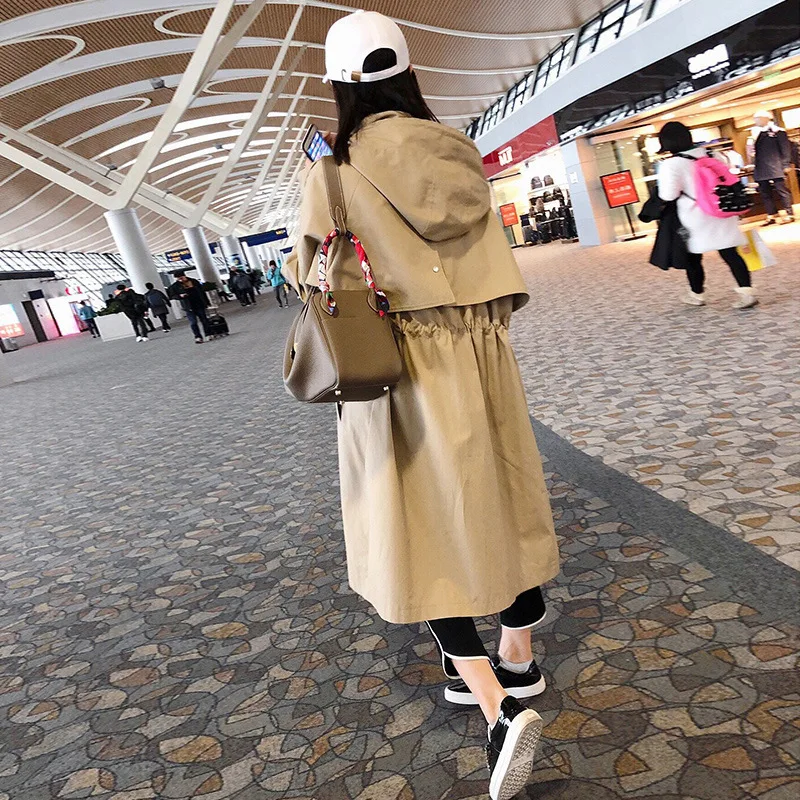 

Windbreaker 2020 spring new hooded windbreaker women's mid-length long knee loose waist zipper jacket bf student tide