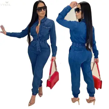 

Winter Lace Up Denim Sexy Jumpsuit Women Turn-down Collar Zipper Long Sleeve Solid Color Women Romper Streetwear Club Outfits