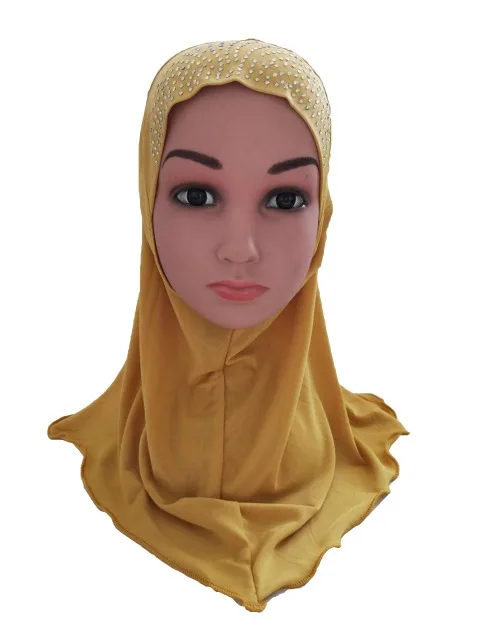Мусульманские дети девочки хиджаб Амира исламский головной платок шарф арабский один кусок шляпа горный хрусталь шеи крышка тюрбан Рамадан банданы - Цвет: Yellow