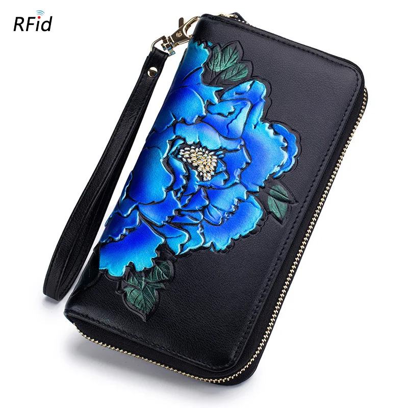 Blue peony RFid ручной работы Окрашенные Пион цветок женский кошелек из натуральной кожи Женский Длинный кошелек на молнии дамский браслет телефон карта кошелек - Цвет: Blue peony
