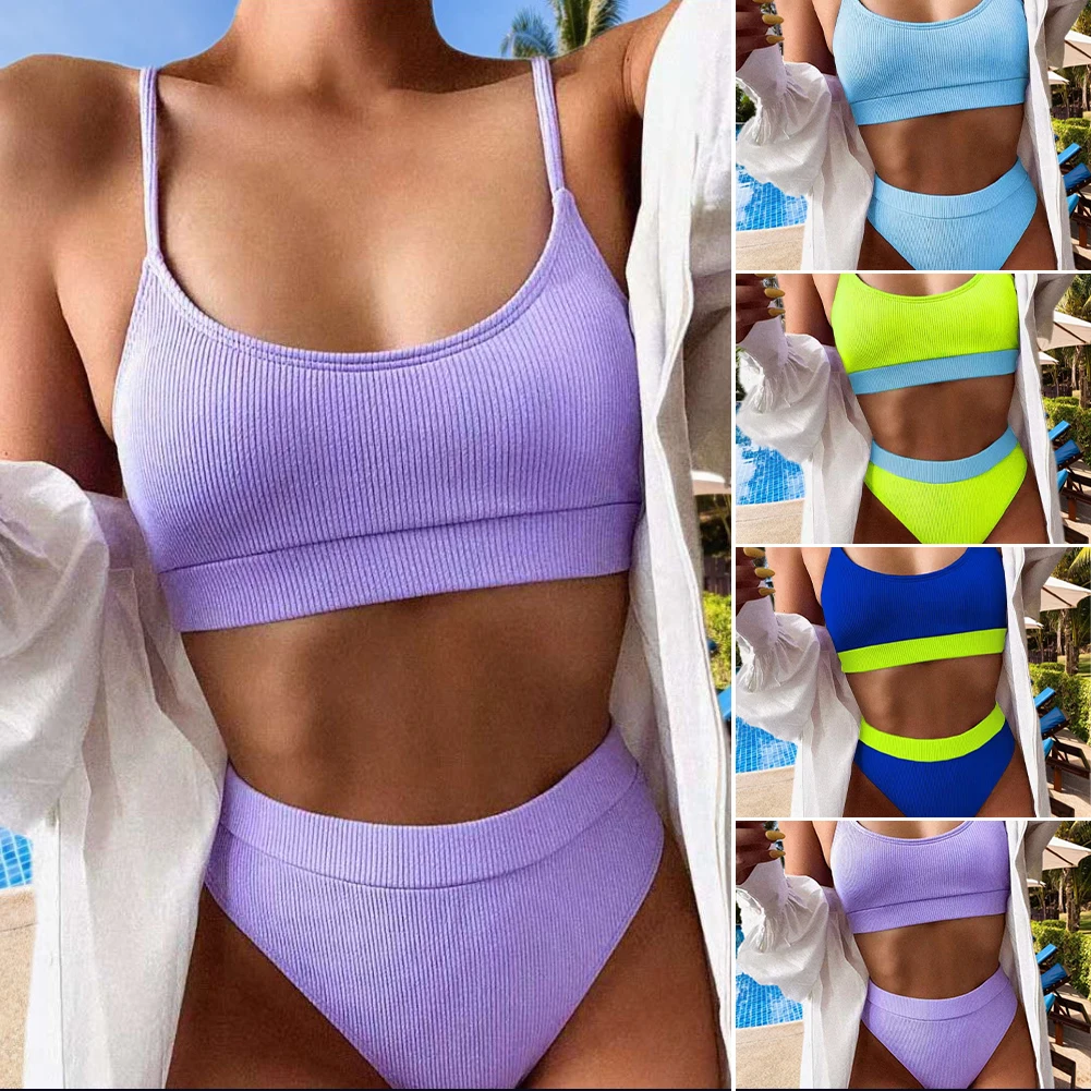 bandeau bikini set Peachtan Sexy solid ribbed bikinis 2021 mujer High waist swimsuit women V neck swimwear female Sport bathing suit Stripe biquini cheap bikini sets