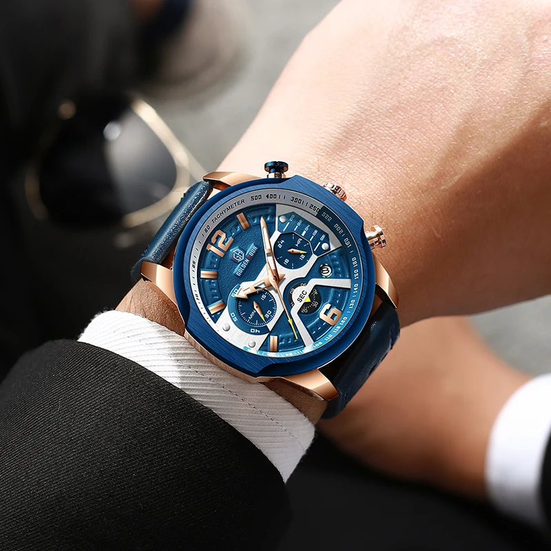 Mens Watches Top Brand Luxury Blue Quartz Men Watch Leather Chronograph Big Sport Wrist Watch Man-4