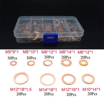 

200Pcs Copper Washer Gasket Nut and Bolt Set Flat Ring Seal Assortment Kit M5/M6/M8/M10/M12/M14 With Box for Sump Plugs Water