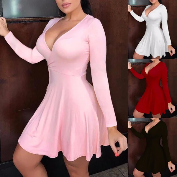 

Sexy Mini Dress for Women Long Sleeve Deep V-neck Dresses 5 Colors Slim Fit High Wasit Party Vestido Spring Summer 2021