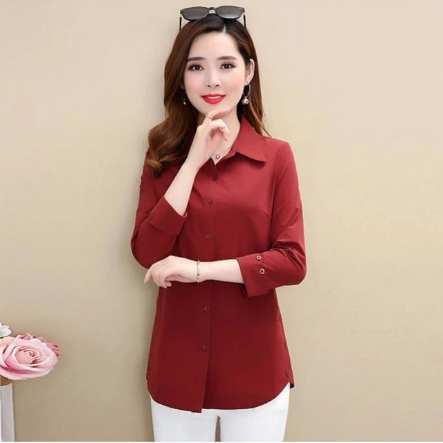Chic Solid polo collar shirt women fashion elegant slim plus size 5XL long sleeve blouse female 2021 new Mom casual spring tops claret