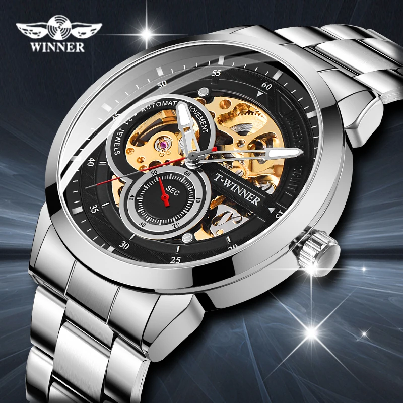 

WINNER Men Gold Skeleton Mechanical Watch Fashion Men Stainless Steel Automatic Watch Sport Business Wristwatch Relogio Clock