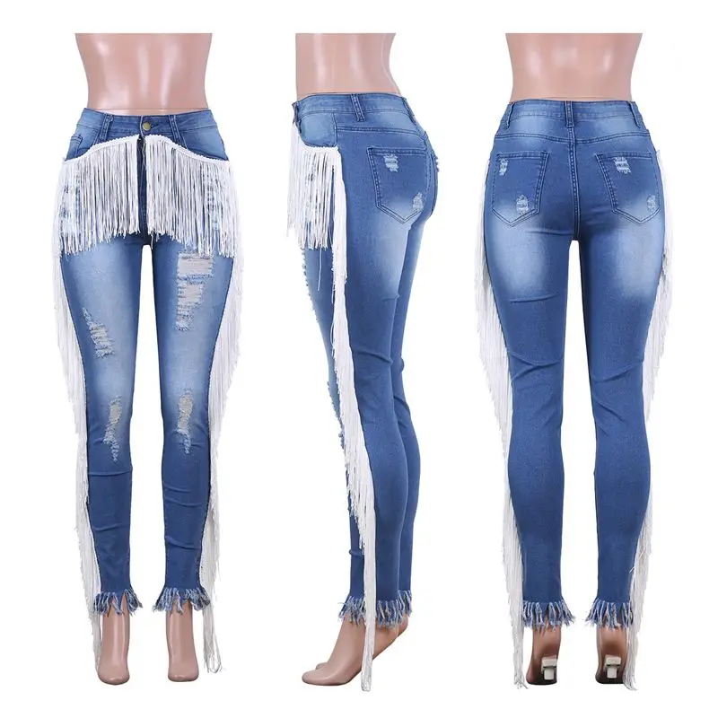 HAOYUAN рваные джинсы с бахромой и высокой талией для женщин, Осенние Стрейчевые обтягивающие джинсовые штаны размера плюс, элегантные винтажные синие джинсы с кисточками