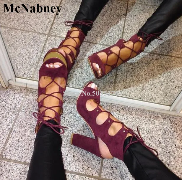 

McNabney Women Sandals Summer Cross-tied Hollow Ankle Strap High Hoof Heel Ladies Sandals Peep Toe Lace-Up Solid Women's Shoes