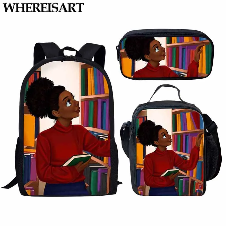 

WHEREISART 3pcs/set Children School Bags Black Afro Girl Magic Print Boys Girls Student Backpack Book Pencil Mochia Escolar