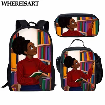 

WHEREISART 3pcs/set Children School Bags Black Afro Girl Magic Print Boys Girls Student Backpack Book Pencil Mochia Escolar
