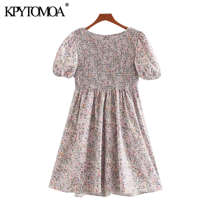 KPYTOMOA Women 2020 Chic Fashion Floral Print Elastic Smocked Mini Dress Vintage Short Sleeve Back Button-up Female Dresses
