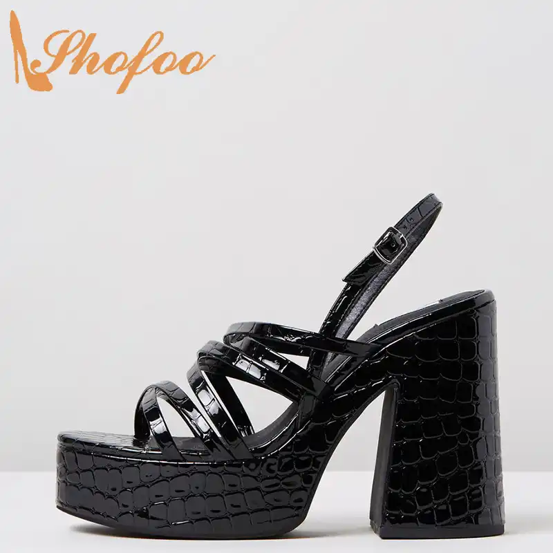 Black Croc Embossed Platform Sandals 