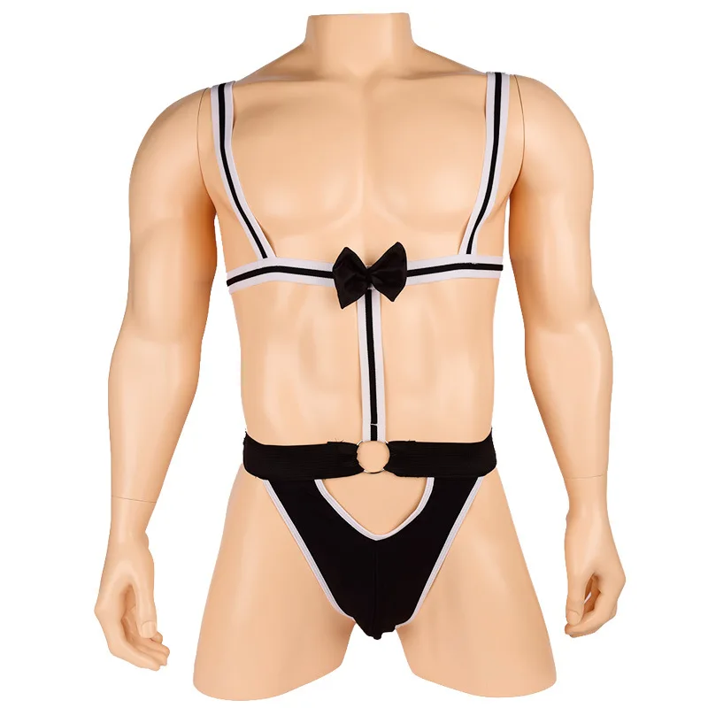 Muscle Men Open Butt Erotic Waiter Teddies Bodysuit Singlet Suspender Thong Bow Tie Underwear Lingerie