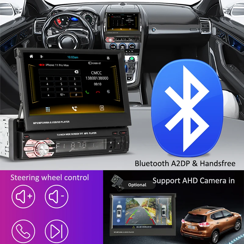 1 Din Pour Carplay Pour Android Auto Écran Tactile Rétractable Autoradio 7  HD Lecteur Multimédia MP5 De Voiture Pour Mirror Link/BT/Radio  FM/TF/fonction USB - Temu France