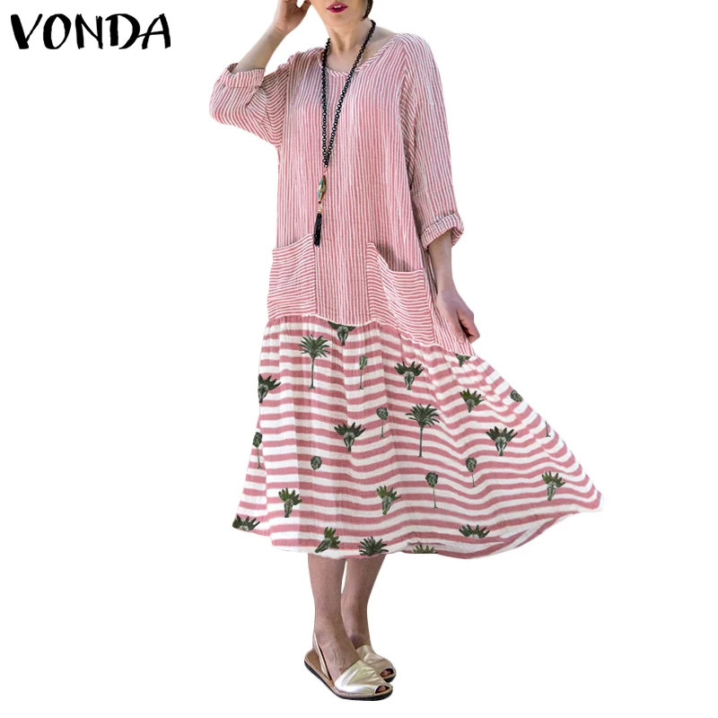Красный Пляжное длинное платье VONDA летнее сексуальное с круглым вырезом, с длинным рукавом для будущих мам, макси свободное платье, праздничное платье, сарафан, богемное платье - Цвет: Красный
