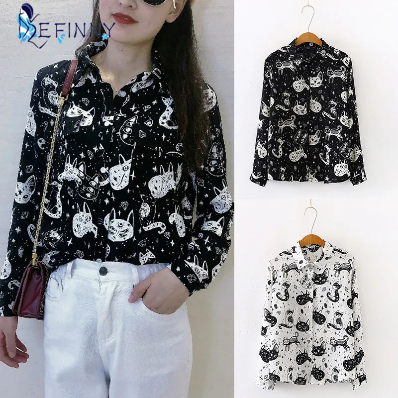 ladies shirts Women Shirt Cat Pattern Printed Personality Tops and Blouses Fashion Office Lady Long Sleeve Clothes White Black chiffon blouse