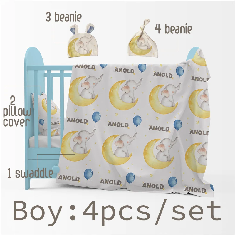 Baby Swaddle Newborn Baby Blanket Swaddling Cotton Printed Name Personalized Elephant Infant Baby Bedding Gift Crib Bed Blanket