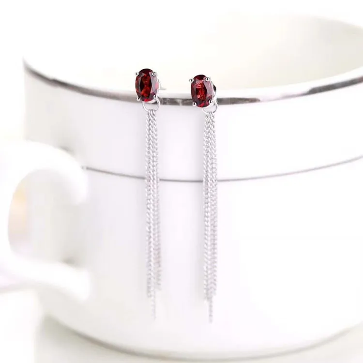 

925 Silver Natural Garnet Tassels Earrings Fashion Versitile Support Reinspection