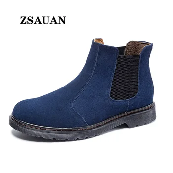 

ZSAUAN Super Big Size Slip-on Men Casual Boots Chelsea British Retro Cow Suede Leather Short Ankle Boots Winter Warm Plush Boots