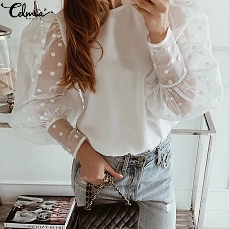 

S-5XL Women Casual Puff Sleeve Loose O-Neck Blouse Celmia Vintage Polka Dot Printed Tops Elegant See Through Lace Shirts Blusas