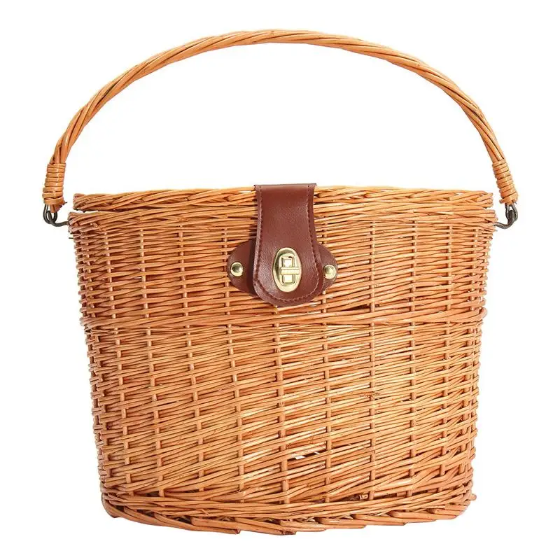 Best Wicker Front Handlebar Bike Basket Bicycle Front Box with Lid and Handle (Brown) 0