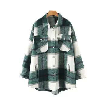 

Fall Women Checkered Pockets Warm Thick Blouse Female Long Sleeve Loose Shirts Causal Turn-Down Collar Plaid Shirts