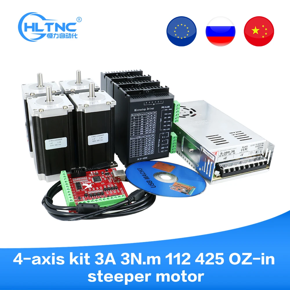 US $151.35 RUS Ship CNC Router 4 Axis Kit 3A 3NM Nema 23 425 OzIn Stepper Motor TB6600 Driver350W Power Supply MACH3 Controller Card