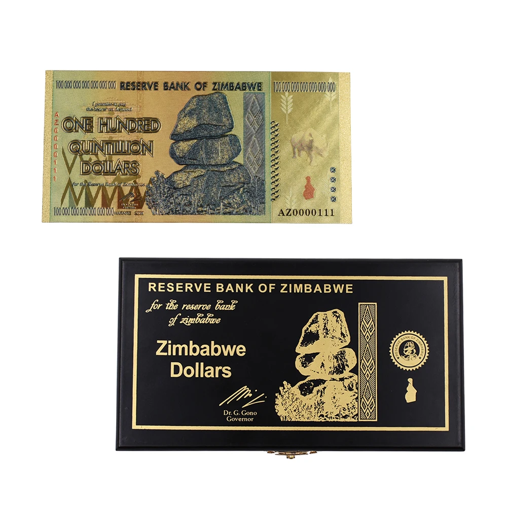 

Zimbabwe Gold Banknotes Fake Money Bills 100 Quintillion Dollars 24k Gold Foil Banknote with Box for Christmas Gifts 50pcs/lot