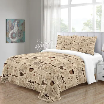 

ALWSREH Home Bed Comforter and Pillowcases Duvet Cover Set Coffee Newspaper Bedding Full Size Quality Custom Designer Printed