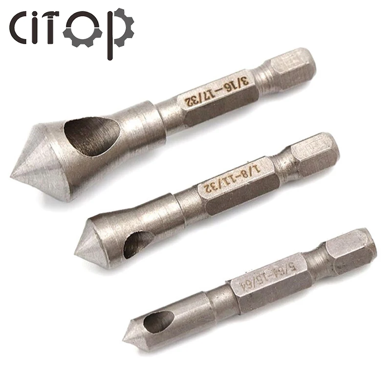 Citop 3pcs/set 6.35mm Shank 90 Degrees Countersink Deburring Drill Bits Cutter Tapper Hole Wooden Metal Plastic Chamfer Set