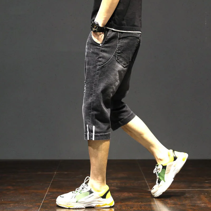 Summer Mens Streetwear Fashion Casual Straight Denim Shorts Loose Ripped Pants Drawstring Breeches Cowboy Cropped Jeans