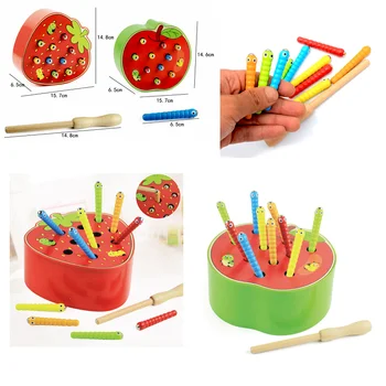

Children Wooden Jigsaw Toys 3D Puzzle Game Eat The Apple Kids Catch Worms Baby Early Color Cognitive Educational Interactive Toy
