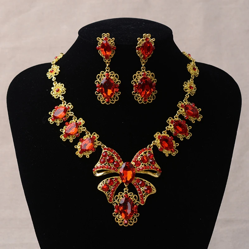Красный Кристалл наборы свадебных ювелирных изделий ожерелье+ серьги Свадебные ювелирные изделия Лук педант ожерелье невесты Аксессуары