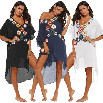 

Cross-Border Women's Sexy Deep V Hand Hook Stitching Beach Bikini Blouse Irregular Split Dress Cover Up Beach Woman