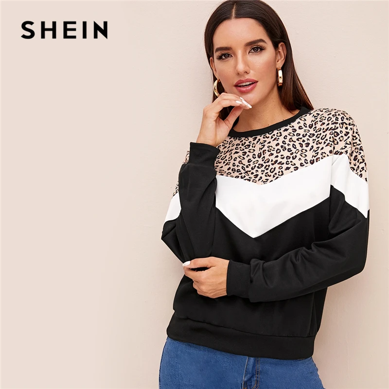 

SHEIN Contrast Colorblock Print Casual Sweatshirt Women Pullover Tops 2019 Autumn Long Sleeve Basic Ladies Fashion Sweatshirts