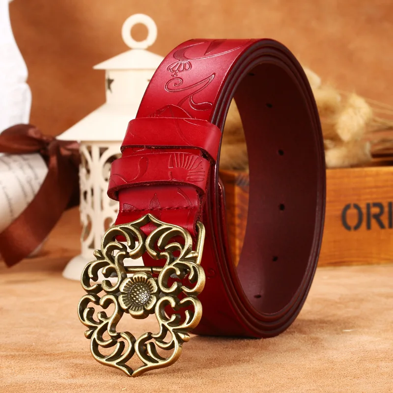 Brand Women Belt Designer Genuine Leather Vintage Carved Flower Strap Girls Ladies' Belts For Jeans Smooth Buckle Accessories
