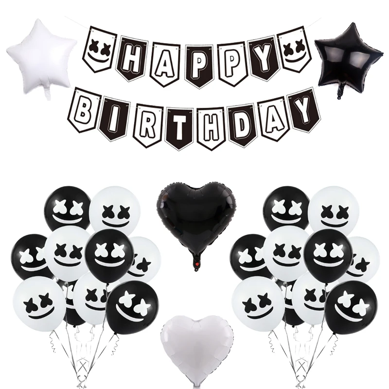 Ballons Dj Guimauve En Latex Avec Banniere D Anniversaire Masque Dj Fete Musicale Jouet Electronique Pour Fete Noir Et Blanc Aliexpress