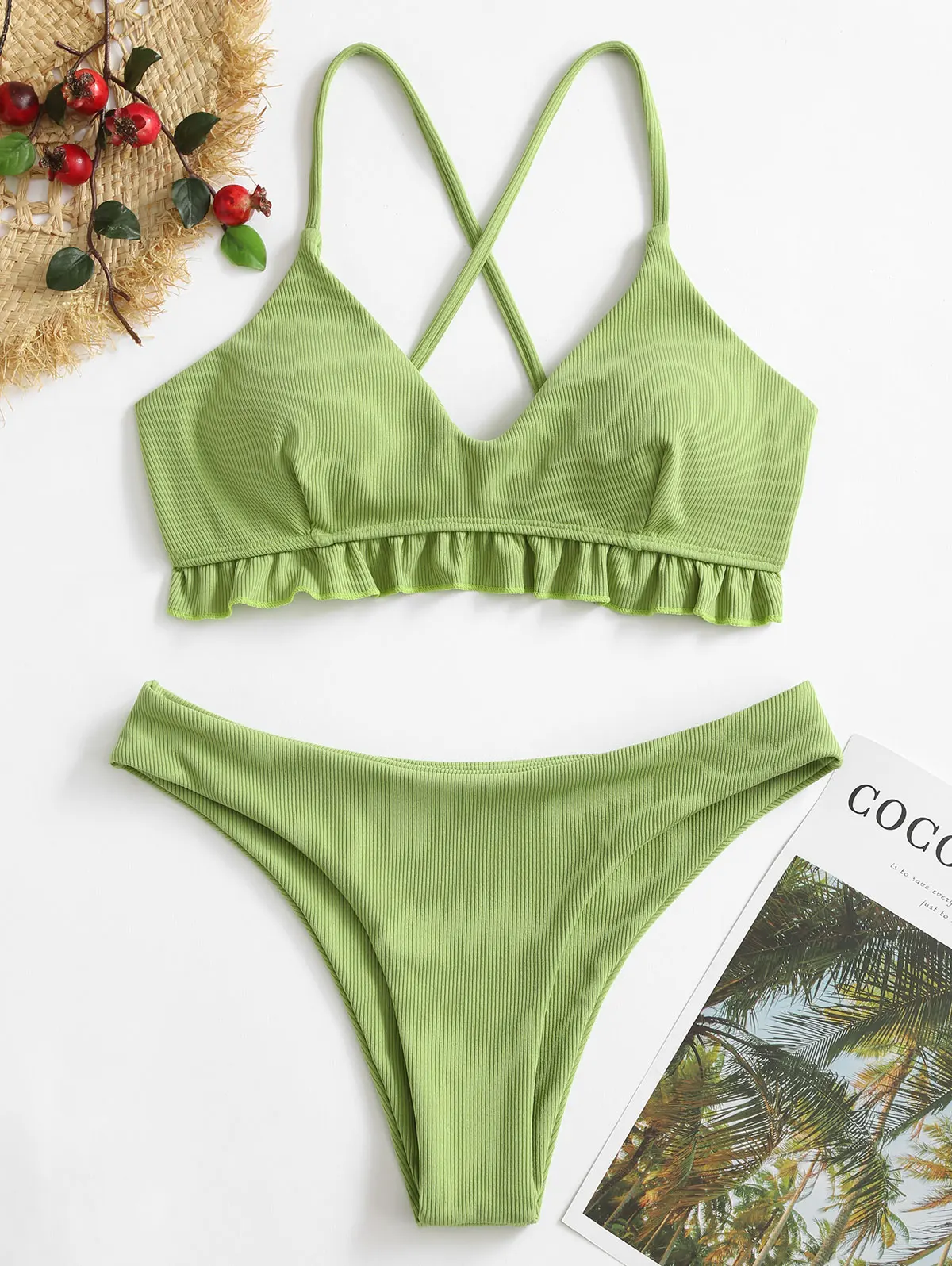 

ZAFUL Swimwears Ruffled Crisscross Ribbed Bikini Swimsuit Women Solid Spaghetti Straps Bathing Suit 2020 New Push Up Bikinis Set