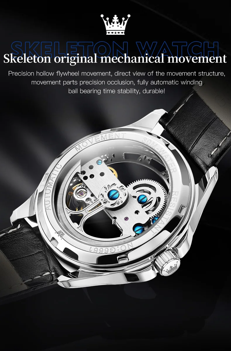 OLEVS Luxury Men Watches Automatic Mechanical Wristwatch Skeleton Design Waterproof Leather Strap Male Watch  Reloj Hombre