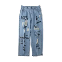 Pantalones vaqueros de pierna ancha para hombre y mujer, pantalón de estilo Preppy, con estampado de grafiti cruzado, holgado y recto, informal, coreano, 2021