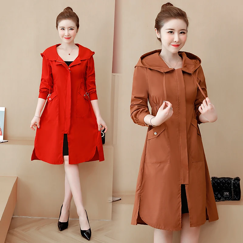 

Plus Size Women Coat Thin Windbreaker Hooded Slim Temperament Jacket New Autumn Korean Red Yellow Brown Windbreaker Women