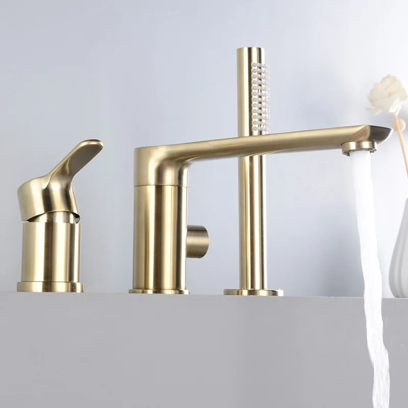 

Copper Brushed Gold Split Bathtub Faucet Three Four-Hole Hot And Cold Faucet Set with Hand Shower YG1006