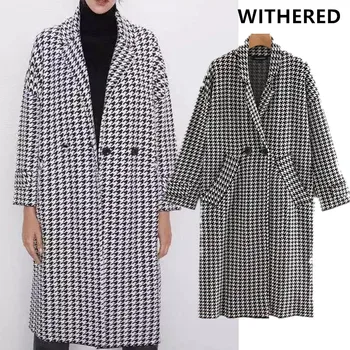 

Withered trench coat women england vintage oversize houndstooth double breasted knitting long coat woolen overcoat plus size