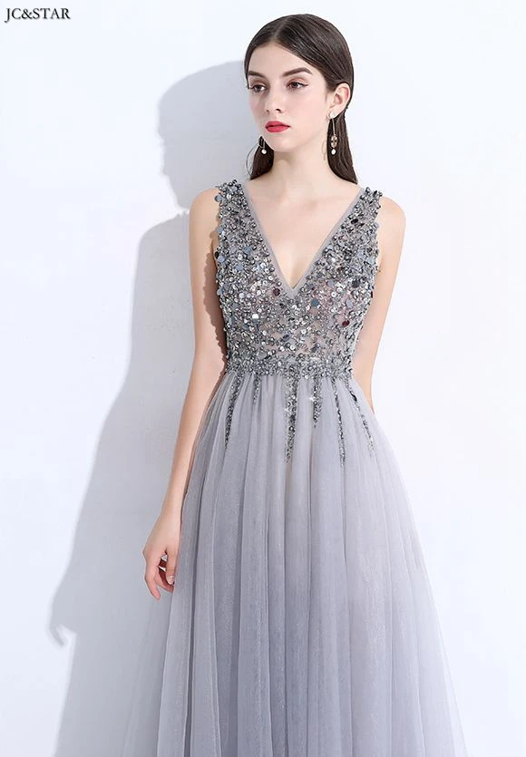 Robe de demoiseur d honneur, новинка, тюль, расшитое бисером, сексуальное, v-образный вырез, высокий разрез, ТРАПЕЦИЕВИДНОЕ, серебристо-серое платье подружки невесты, со шлейфом, для свадебного гостя