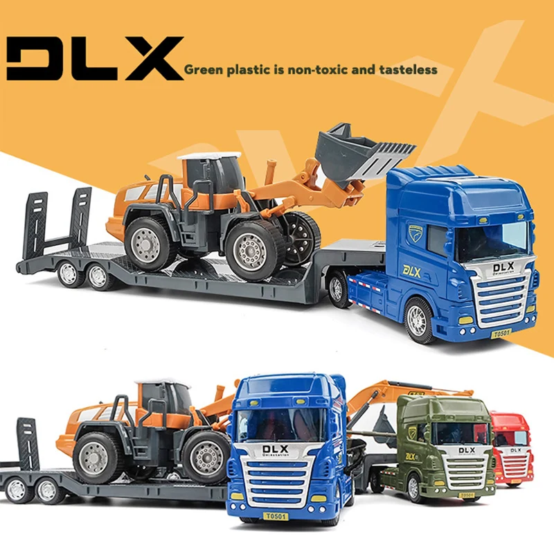 Large flatbed trailer with excavator engineering vehicle model simulation inertial forklift transporter children's toy gift