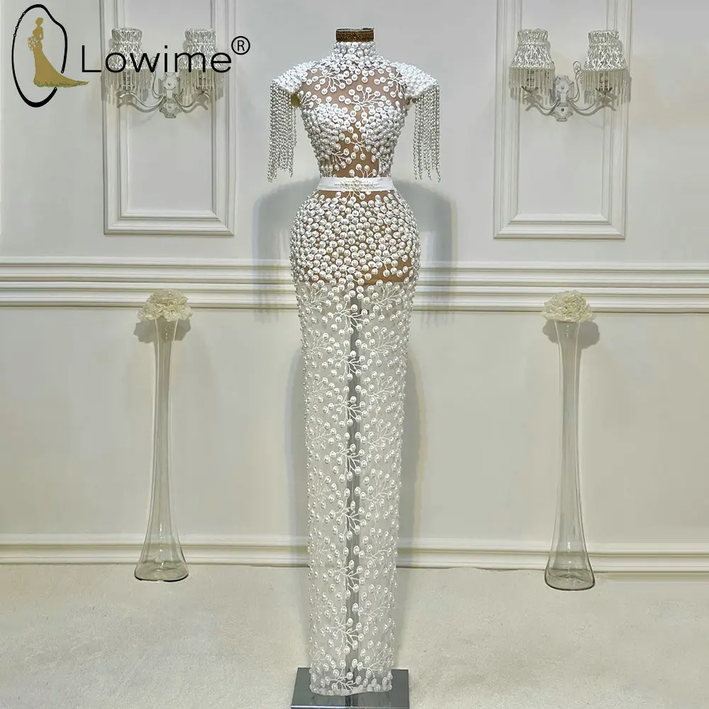 

Lowime Illusion Pearls Long Straight Evening Dresses Sexy See Through Floor Length Wedding Party Prom Gowns Longue Robe Soiree