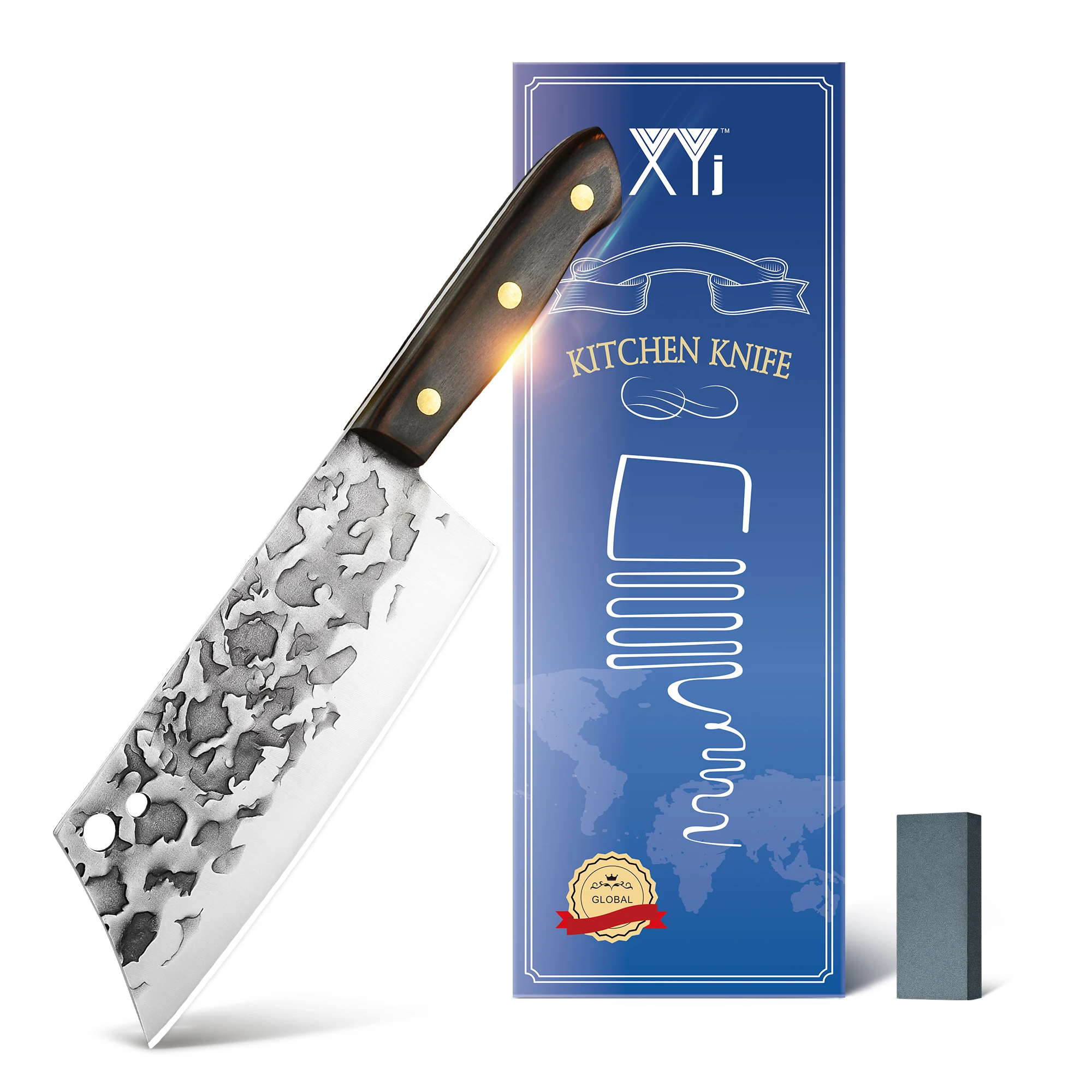 XYJ Full Tang Meat Cleaver 7 Inch Kitchen Chef Knife With Ergonomic Wood Handle Mini Whetstone And Gift Box | Дом и сад