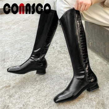 

CONASCO Concise Knee-High Boots For Women Autumn Winter Low Heels Shoes Woman Genuine Leather New Square Toe Zipper Long Boots